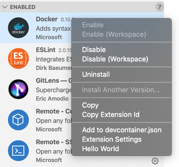 Extensions view context menu