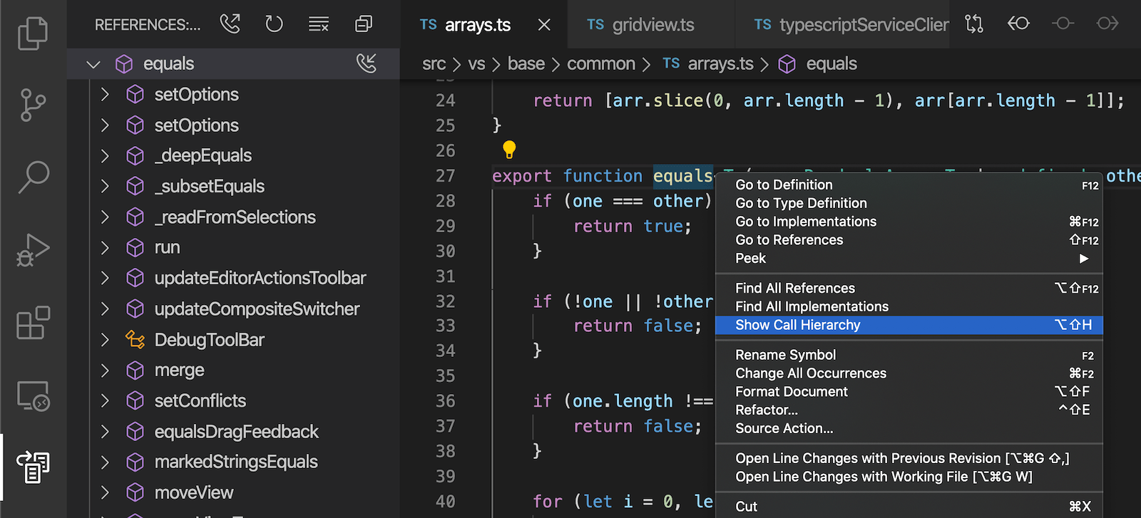 Viewing incoming calls using call hierarchy in a TypeScript file