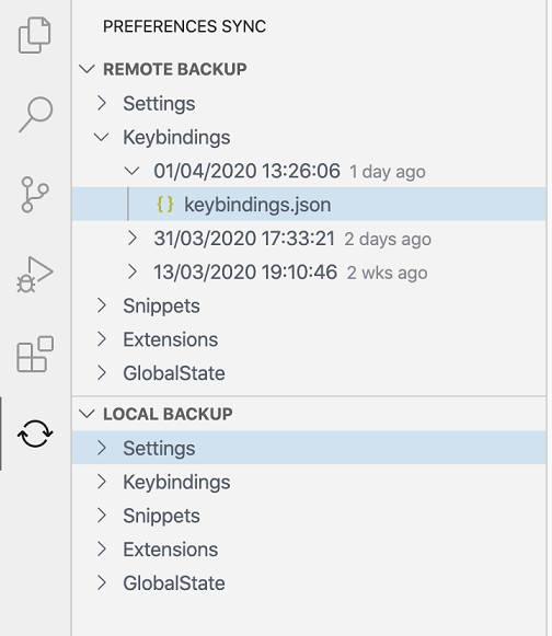 Settings Sync backups view