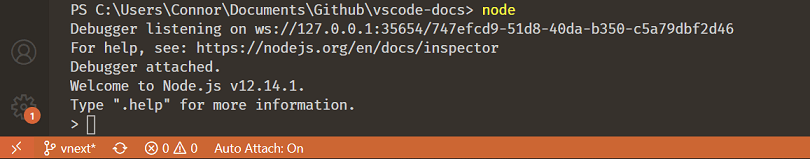 Image showing VS Code debugging a Node.js process launched from a terminal without an "--inspect" flag