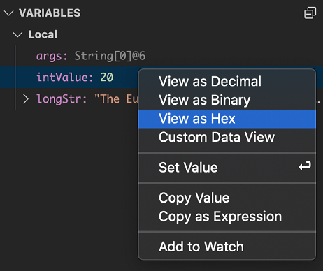 Java variables context menu