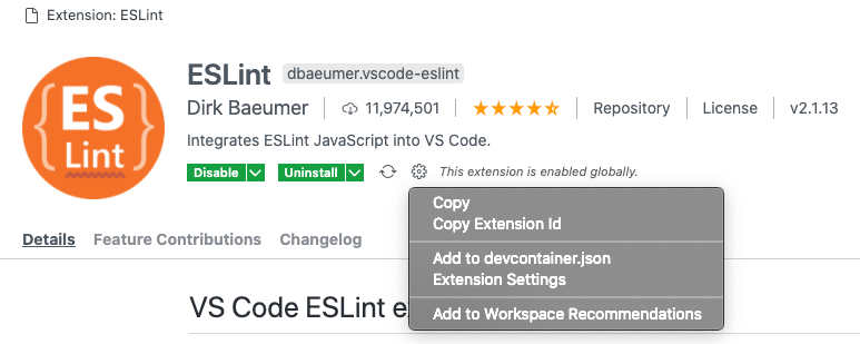 ESLint extension details page showing editor actions