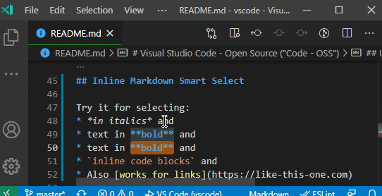 Smart select within a Markdown document expands from the content within an inline Markdown type to include the Markdown symbols.