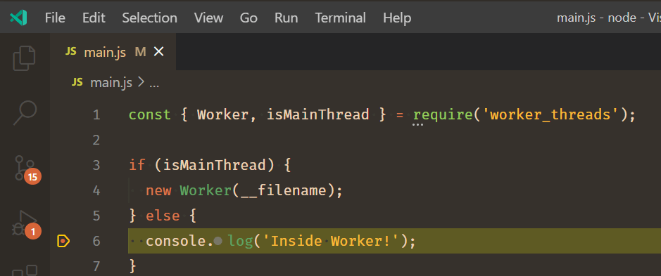 Screenshot of the debugger paused inside a Node.js worker_thread script
