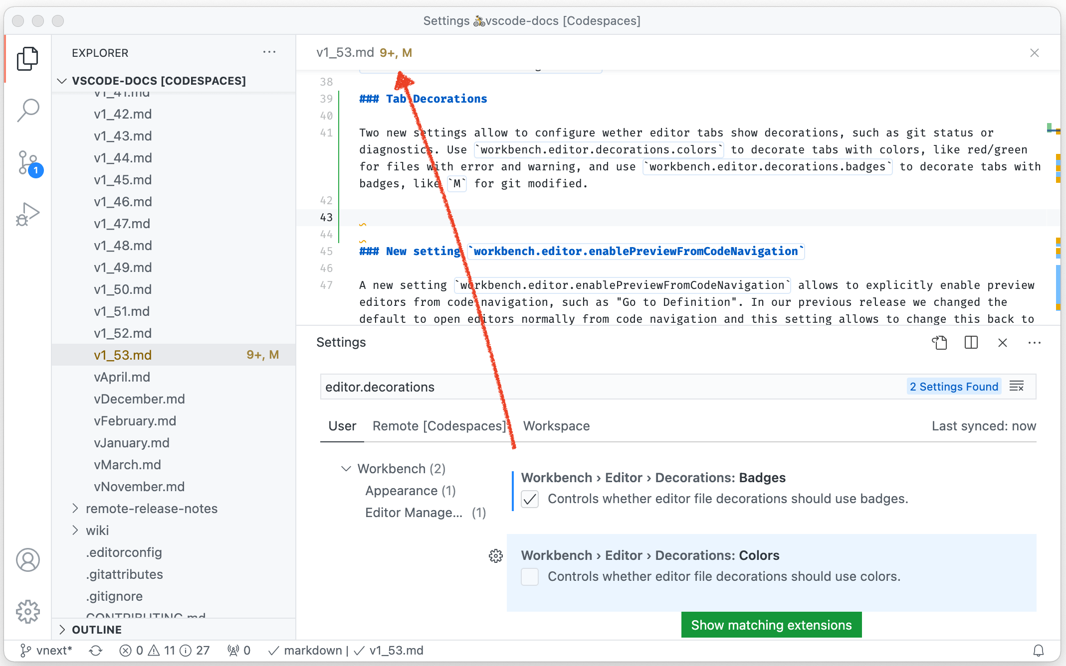 Editor tab with decorations showing that the file has warnings and is modified for git