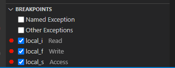 The Breakpoints view shows the access types "Read", "Write" and "Access" being rendered next to the breakpoint name
