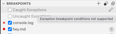 The Breakpoints view shows disabled exception breakpoints that on hover show the error message