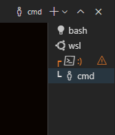 On a tab associated with a terminal that requires a relaunch, a yellow triangle with an exclamation mark is to the right of the terminal title