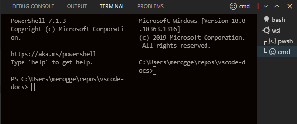 The tabs view is a split pane to the right of two split terminals. It contains icons and labels for each terminal instance.