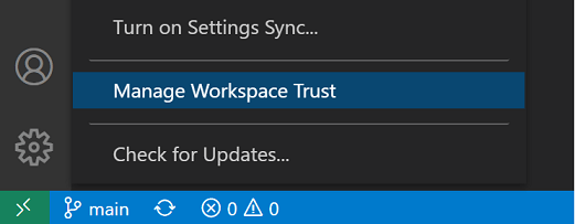 Manage Workspace Trust command in the Manage gear context menu