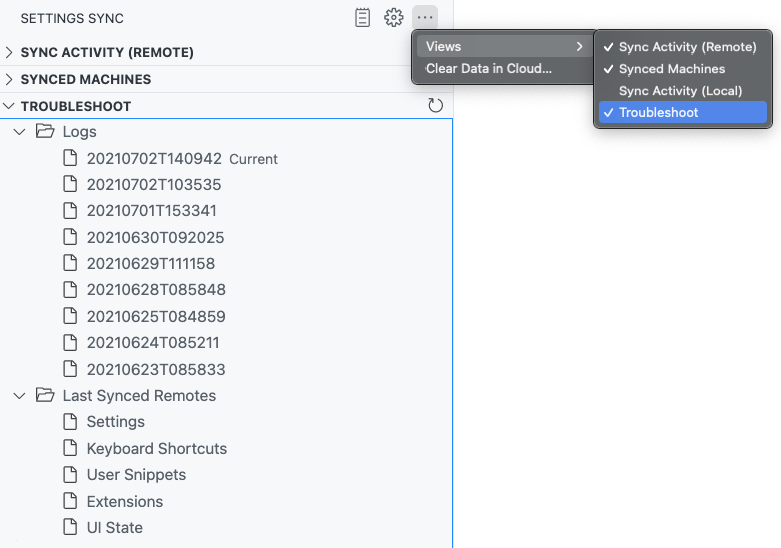 Settings Sync Troubleshoot command in the Settings Sync view menu