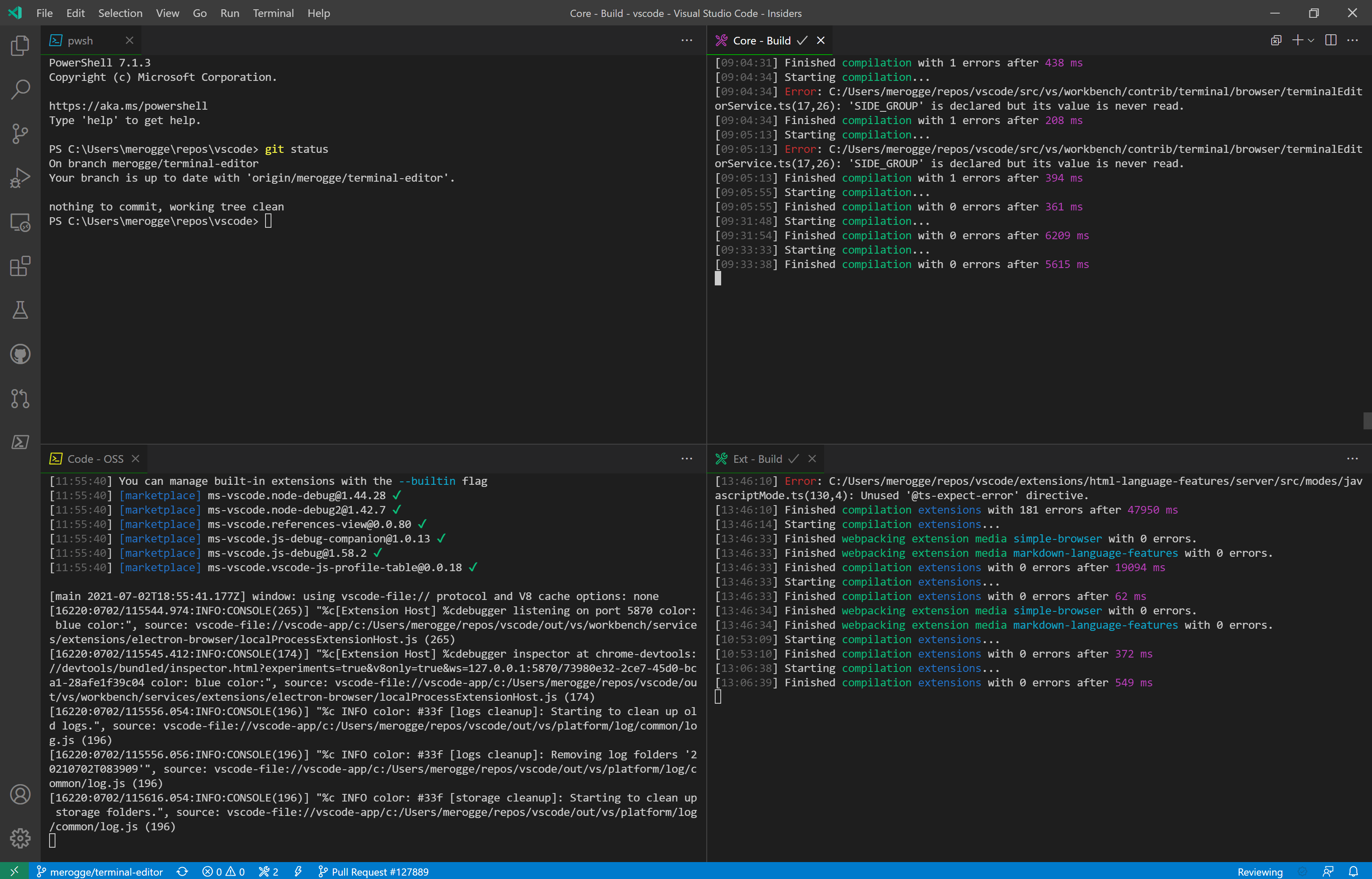 4 terminals in the editor area are laid out in a 2 by 2 grid