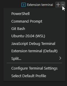 The terminal profile dropdown displays indicates the extension terminal profile is set as the default