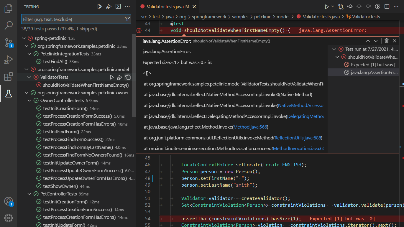 Java extension using the native test API in VS Code