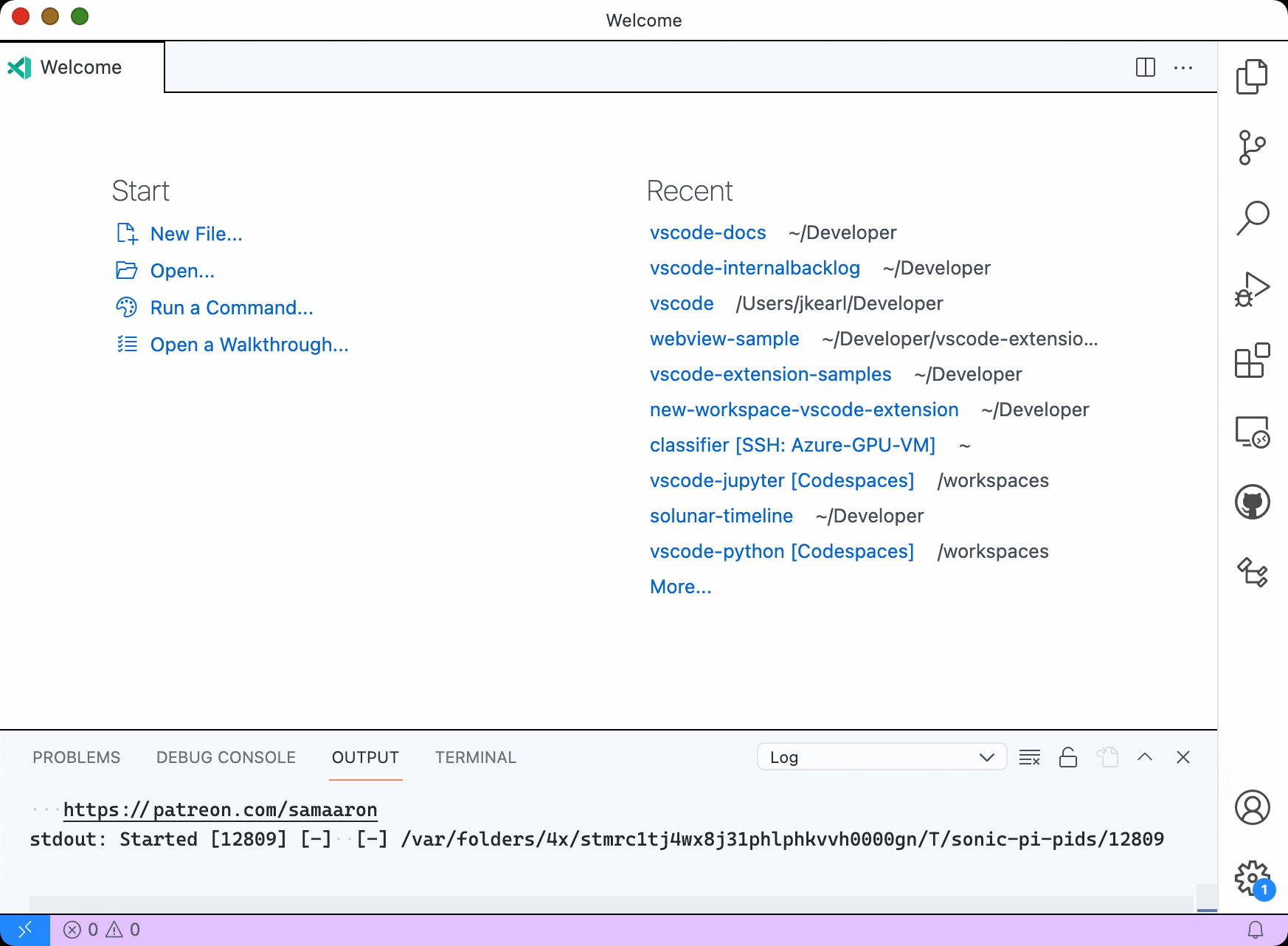 New File menu in use via Welcome page