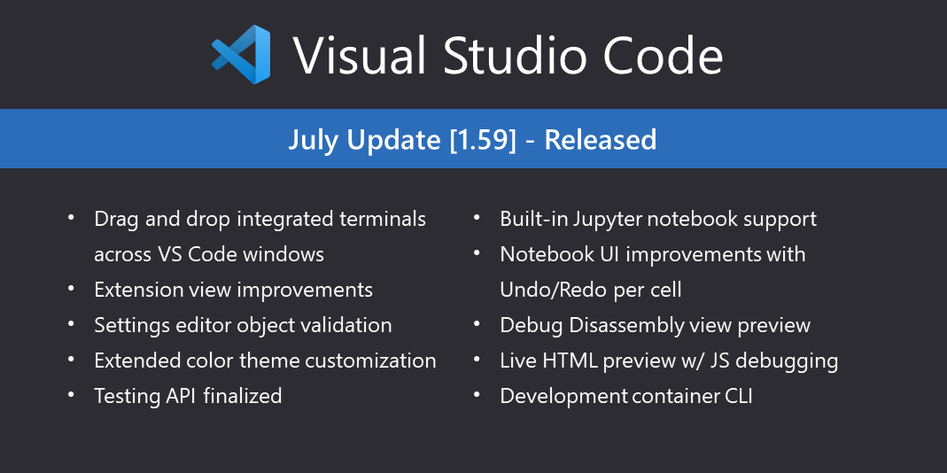 Welcome to the July 2021 release of Visual Studio Code. There are many updates in this version that we hope you will like, some of the key highlights 