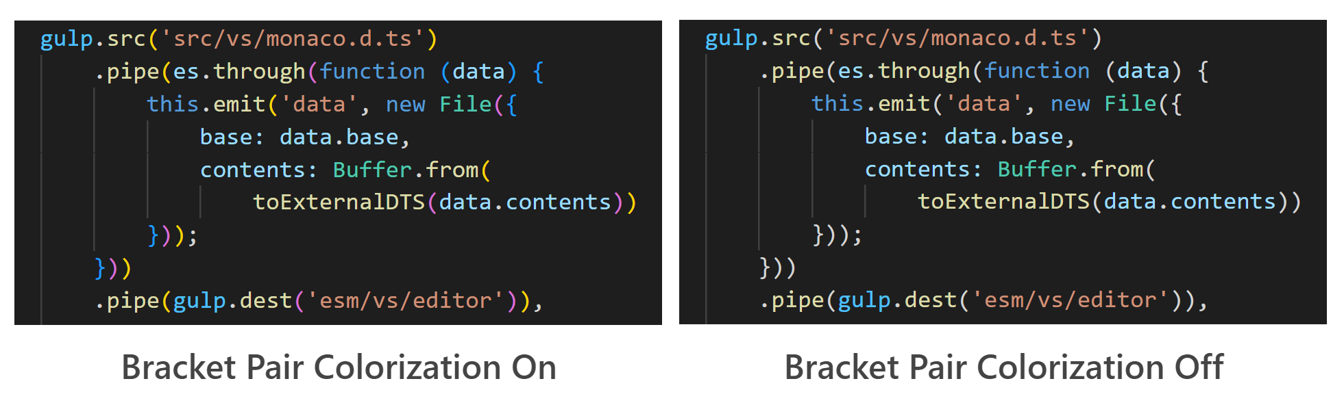 Side by side comparison with bracket pair colorization on and off