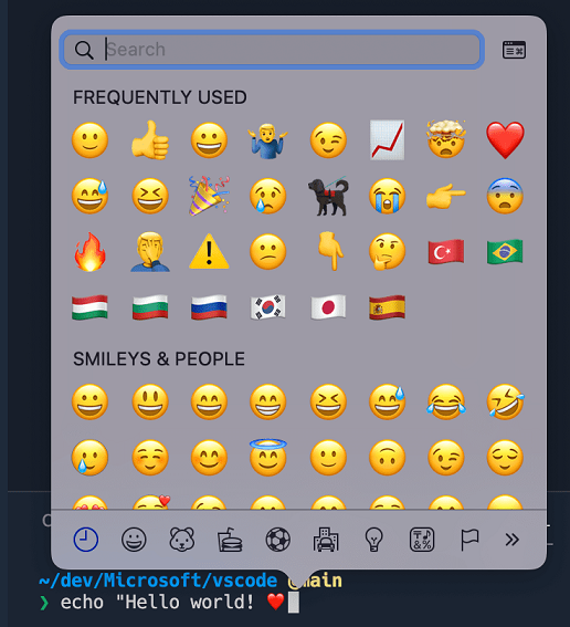 Dialog showing Emojis available in the Integrated Terminal for IME on macOS