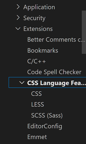 New Setting editor table of contents showing CSS language features having its own subtree