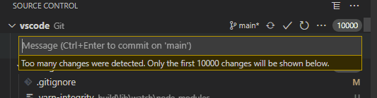 New warning indicator, which reads "Too many changes were detected. Only the first 10,000 changes will be shown below"