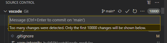 新的警告指示器，其内容为“检测到太多更改。下面将仅显示前 10,000 个更改”