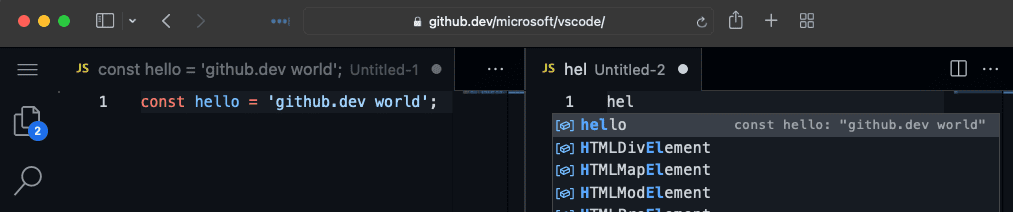 github.dev 上的跨文件 . IntelliSense