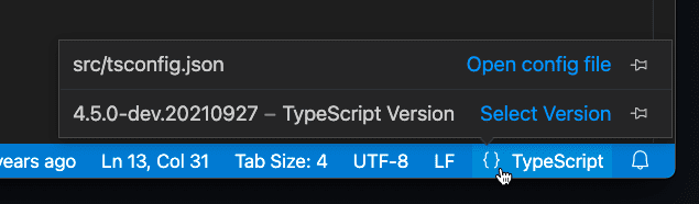 The JavaScript and TypeScript IntelliSense status item showing config file and TypeScript version
