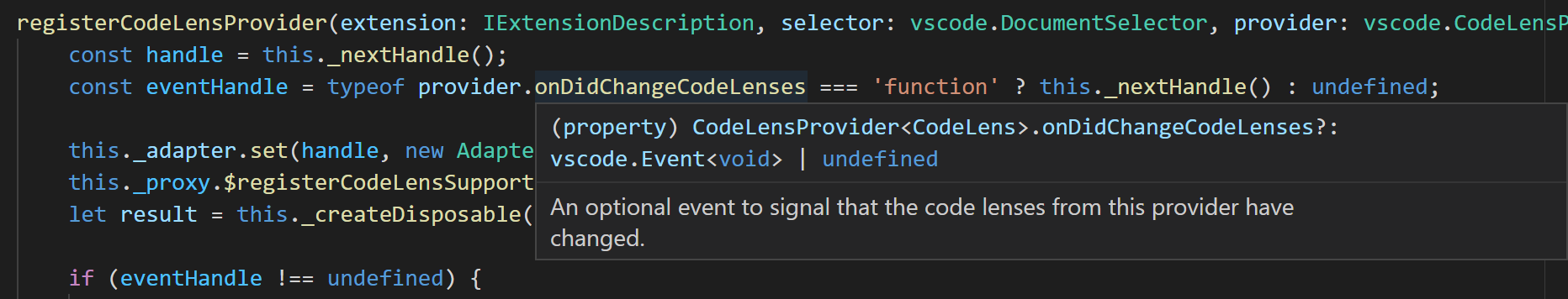 IntelliSense hover below the current line in the editor