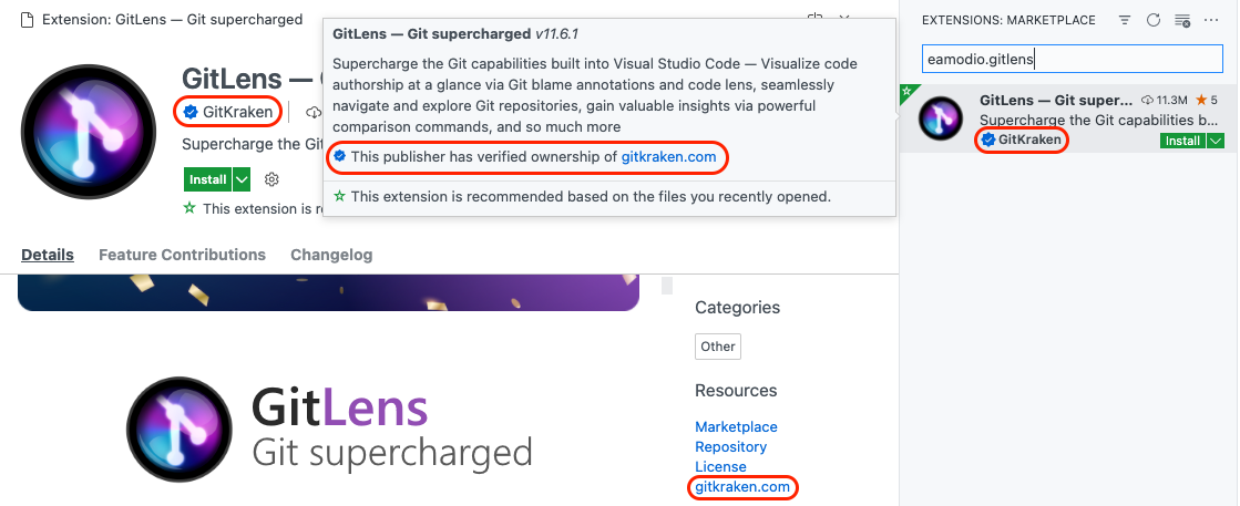 Verified extension publisher indicators in the Extensions view and details pane
