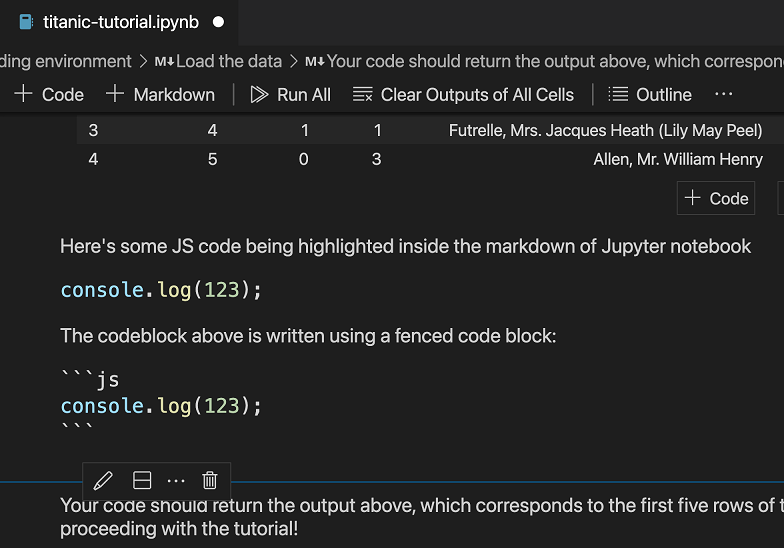 A fenced code block in a notebook with syntax highlighting