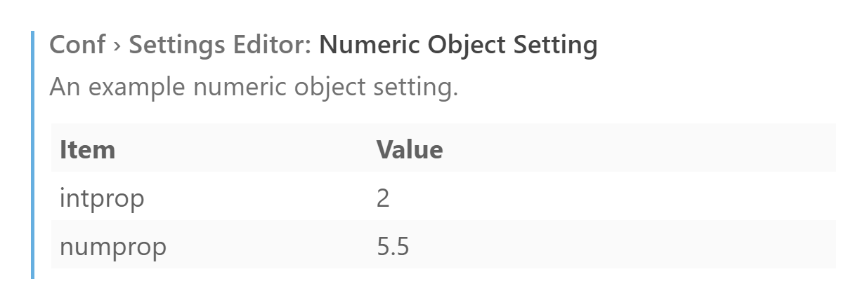 An object setting in the Settings editor with number/integer values