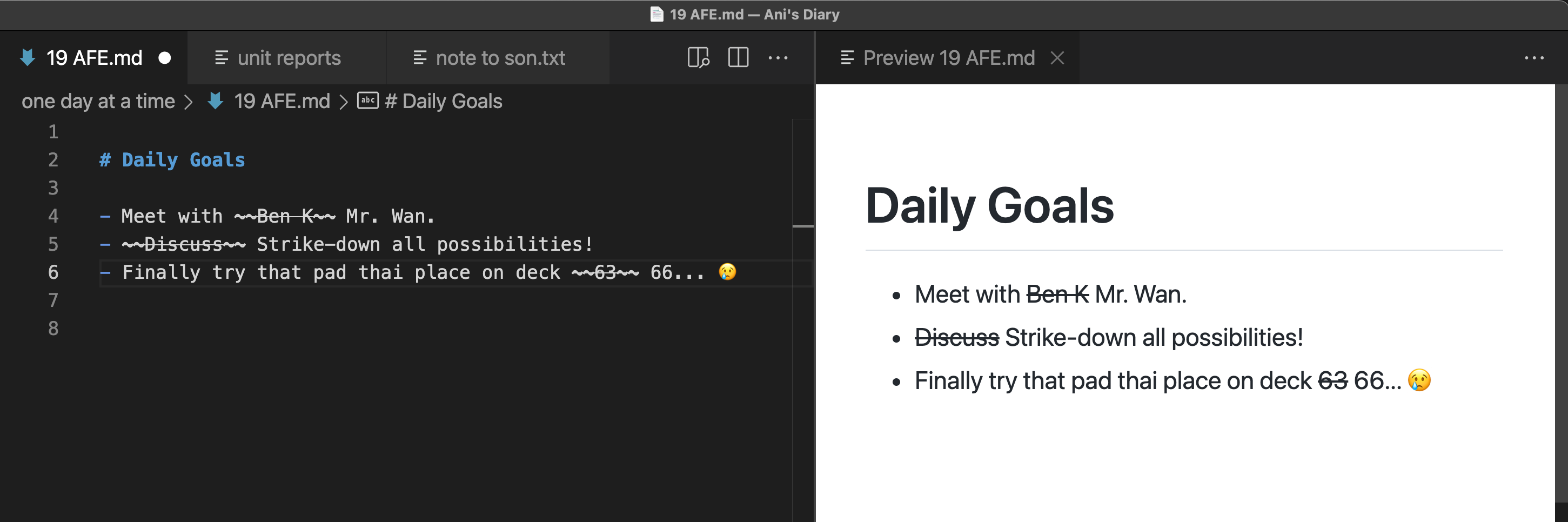Strikethrough rendering the Markdown editor and preview