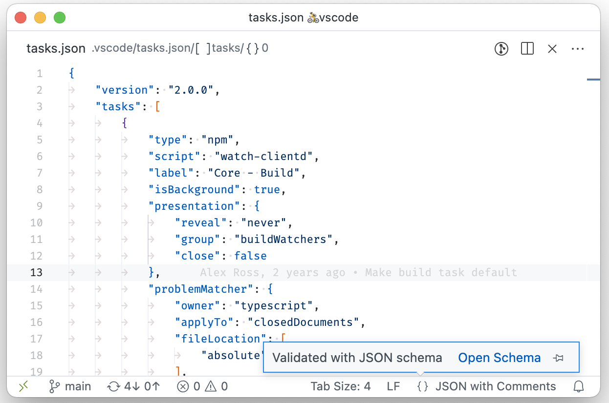 JSON language status item linking to schema used for validation