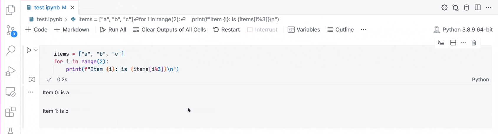 Search keyword 'item' in code cell then also in cell output