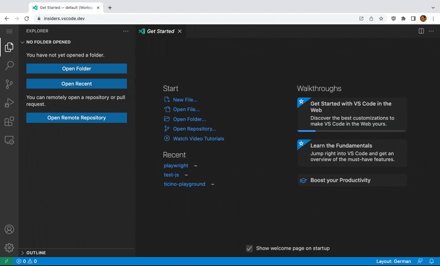 Open recent folders in VS Code for the Web