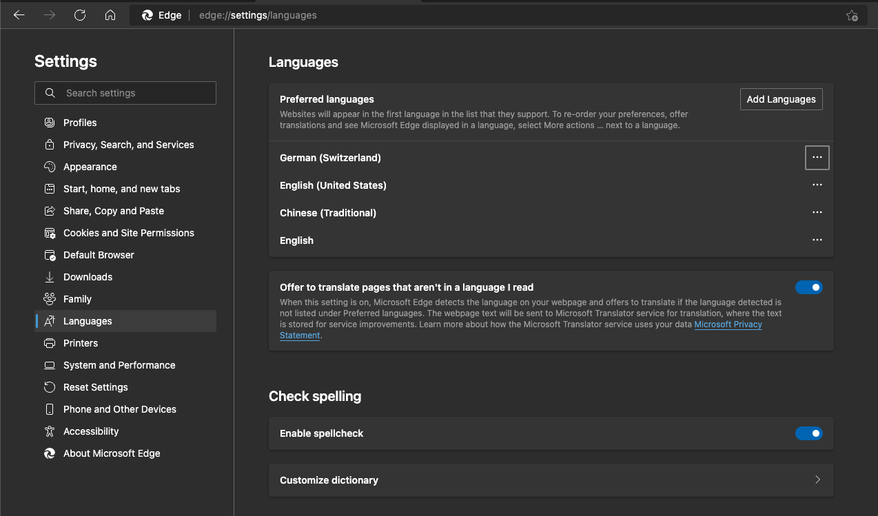 Microsoft Edge Settings Languages page