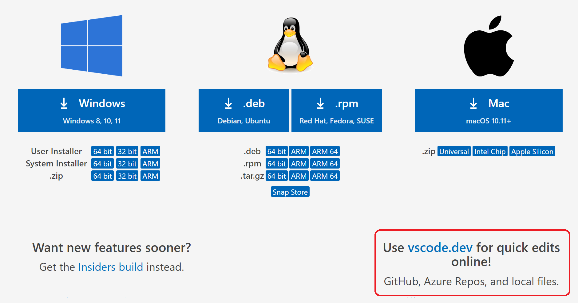 vscode.dev on the code.visualstudio.com download page