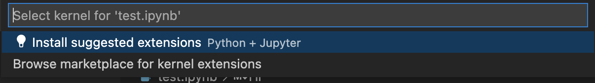 A Quick Pick depicting two entries. The top entry is selected that has a light bulb to its left and says 'Install suggested extensions Python + Jupyter'