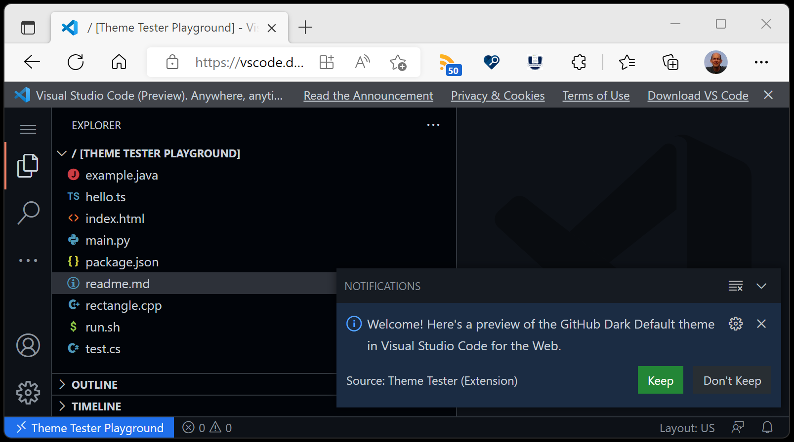 Color theme tester with vscode.dev showing GitHub Theme extension GitHub Dark Default