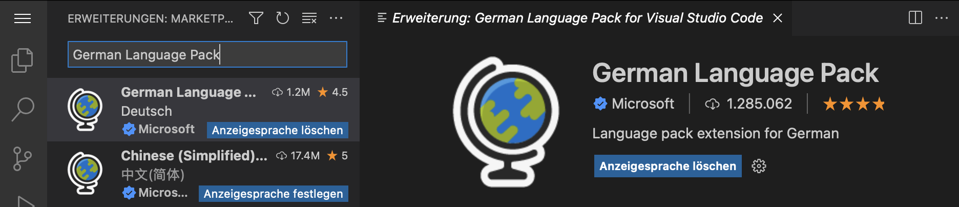 Clear Display Language button on the current language pack in the Extensions view