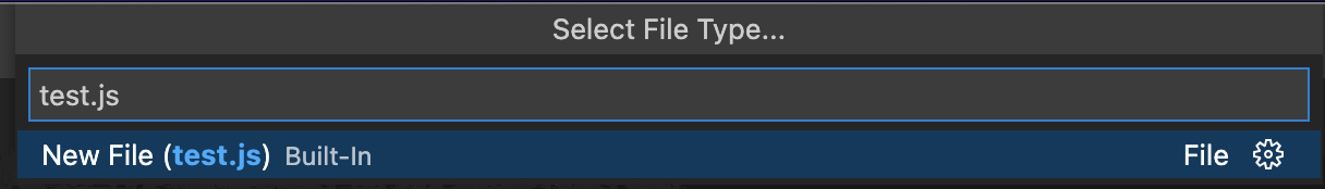 A input box with test.js inputted into it and the entry New File(test.js) selected