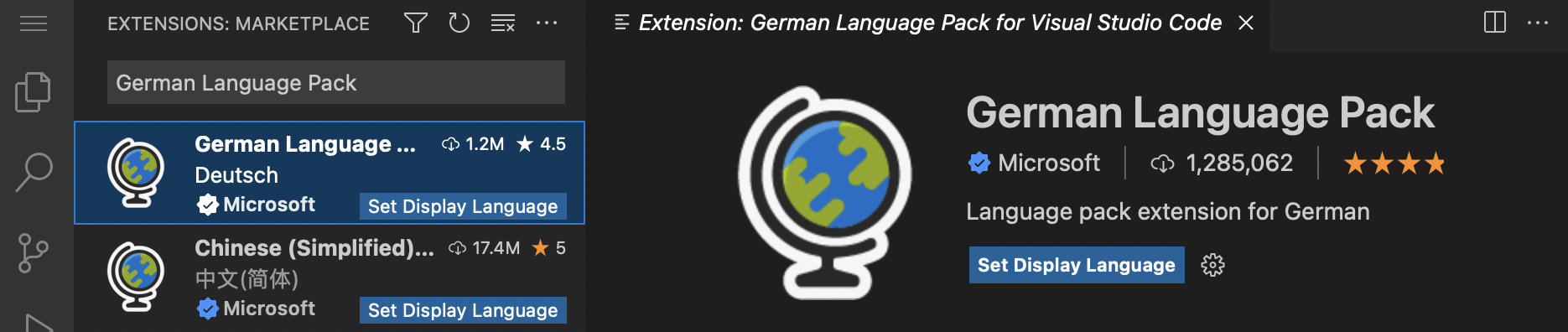 Set Display Language button on a language pack in the Extensions view