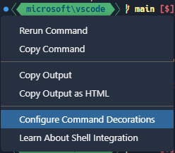 The command decoration context menu contains the new option Configure Command Decorations
