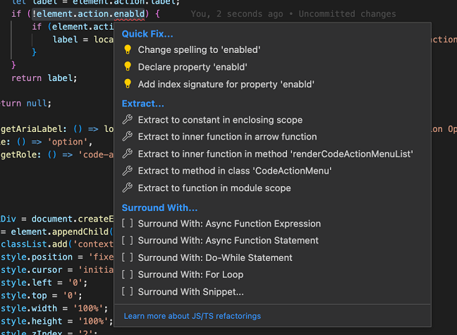 The new Code Action control showing Quick Fixes and refactorings