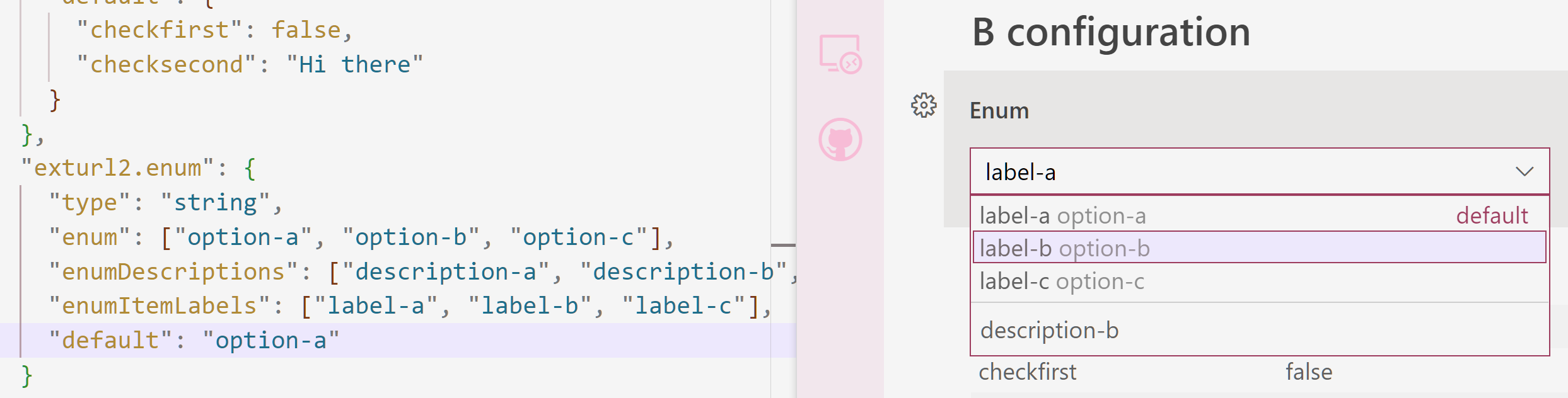 Example of enumItemLabels with a mock setting. The select box displays the label value, and the dropdown options display both the label value and the enum value, though the enum values are rendered less prominently.