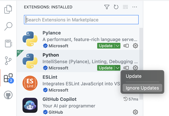 Ignore Updates option in Extensions view context menu