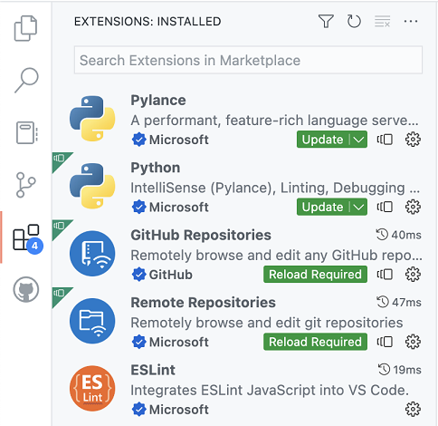 Extensions requiring attention are displayed at the top of the Extensions view