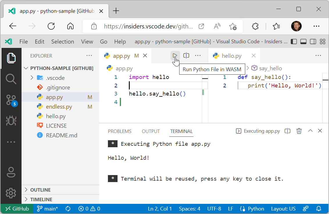 Execute Python file in VS Code for the Web