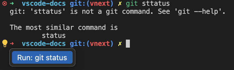 Run: git status is suggested after git sttatus is mistyped