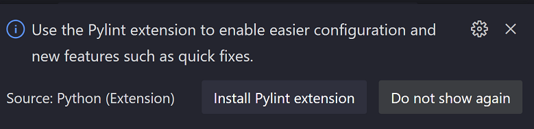 A notification recommending the Pylint extension with a button to install it